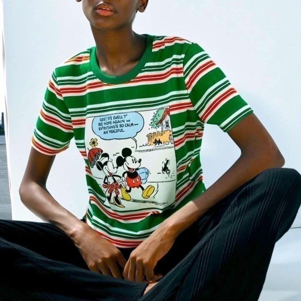 Disney x Zara Mickey Minnie Mouse Comic Strip Striped Short Sleeve Tee Shirt Top